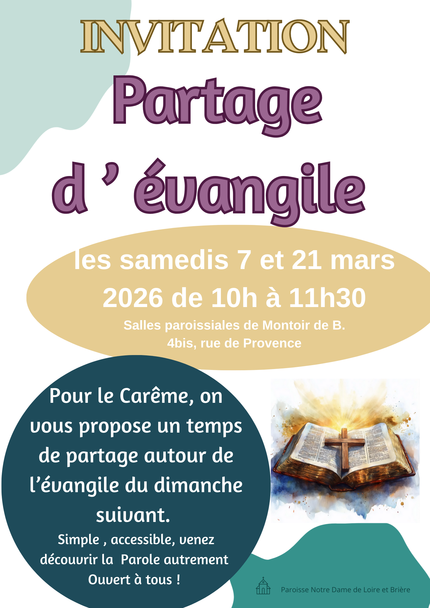 Partage d&rsquo;Evangile les samedis 7 et 21 mars à 10h à Montoir